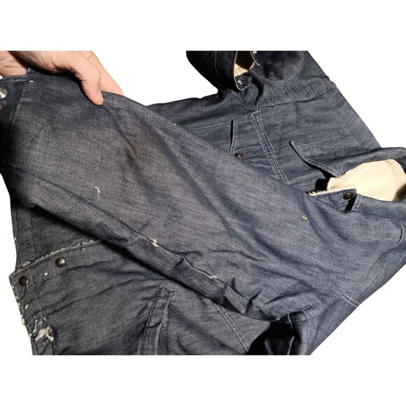 Large Vintage Denim Jacket Trucker Rancher 70's Sherpa Snap Buttons Distressed - Picture 8 of 11